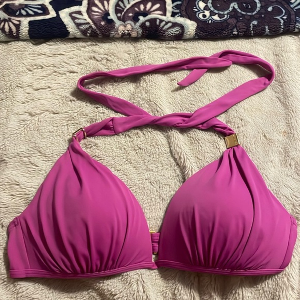 Victorias Secret Magenta Pink Push Up Halter Bikini Top Gold Hardware Size Large
